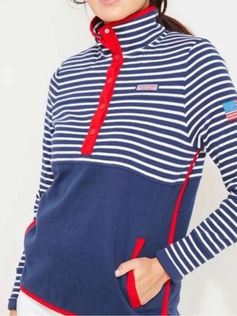 Vineyard Vines Womenโs Americana Snap-Placket Shep Shirt Pullover XL USA Flag